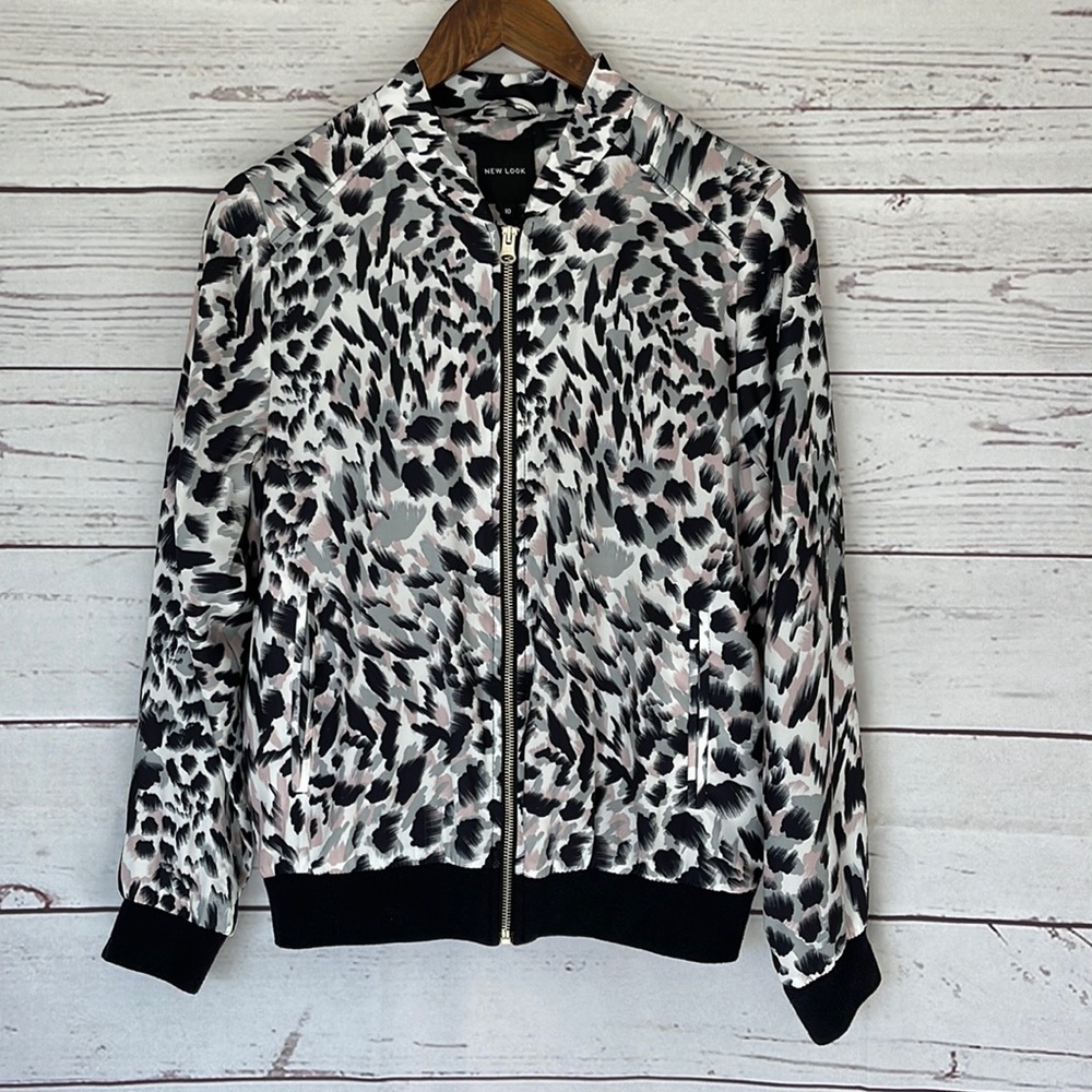 NEW LOOK Black Green Pink Print Bomber Jacket Size 6